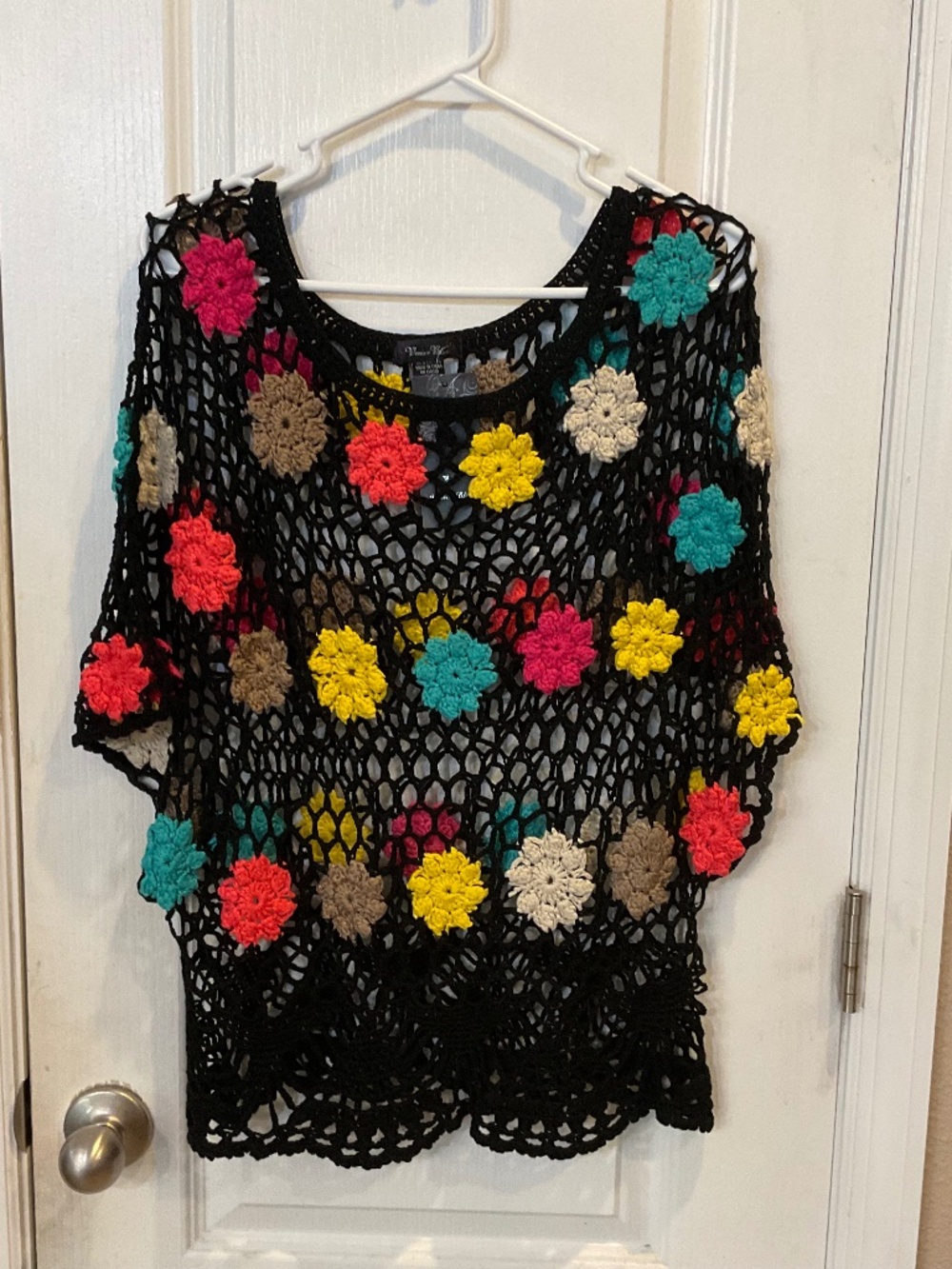 Venice Blue Black Crochet Colorful Flowers Sweater Top - ONE SIZE - NWT